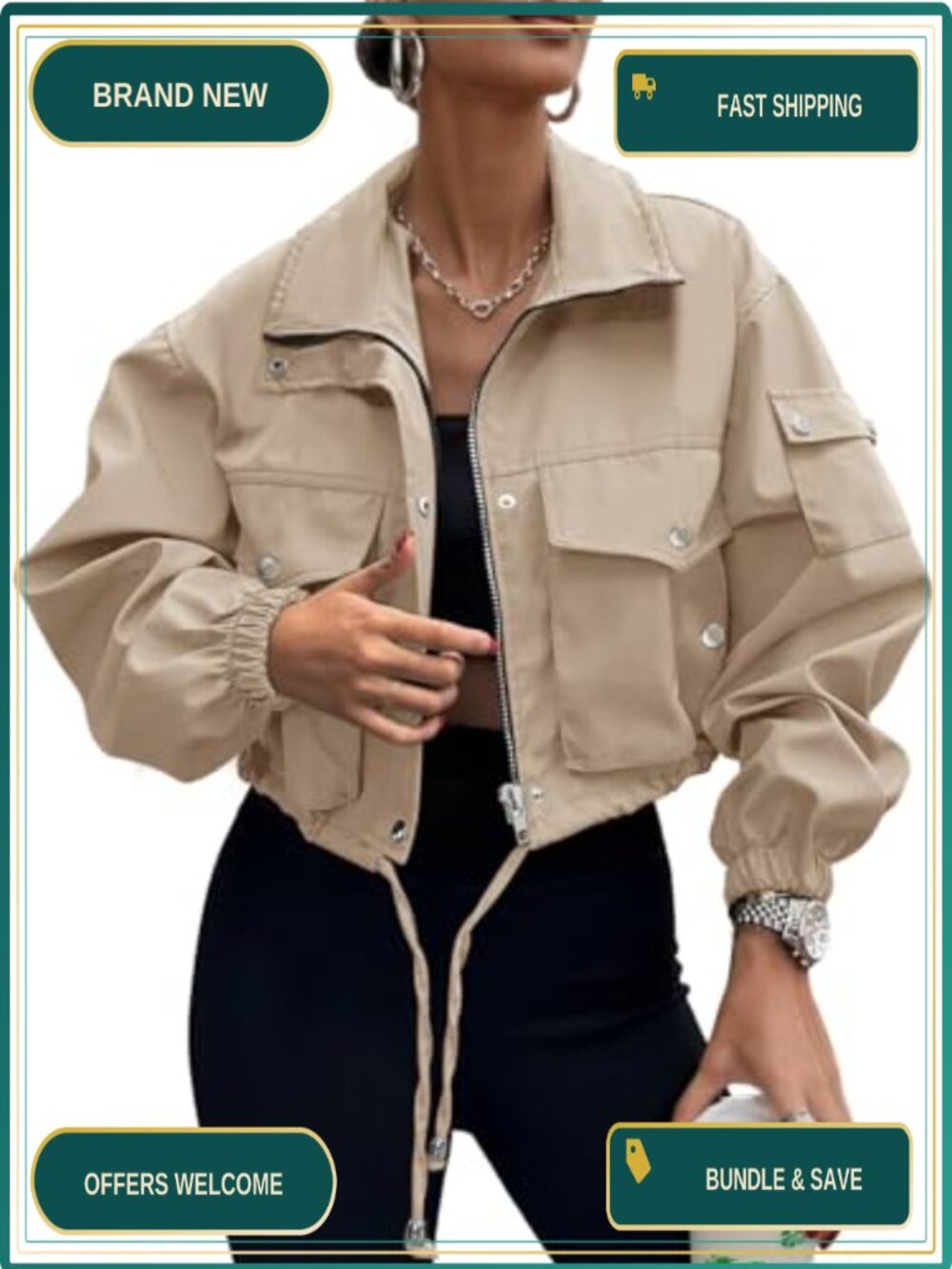 Womens Lightweight Cropped Bomber Zip Jacket Pockets Casual